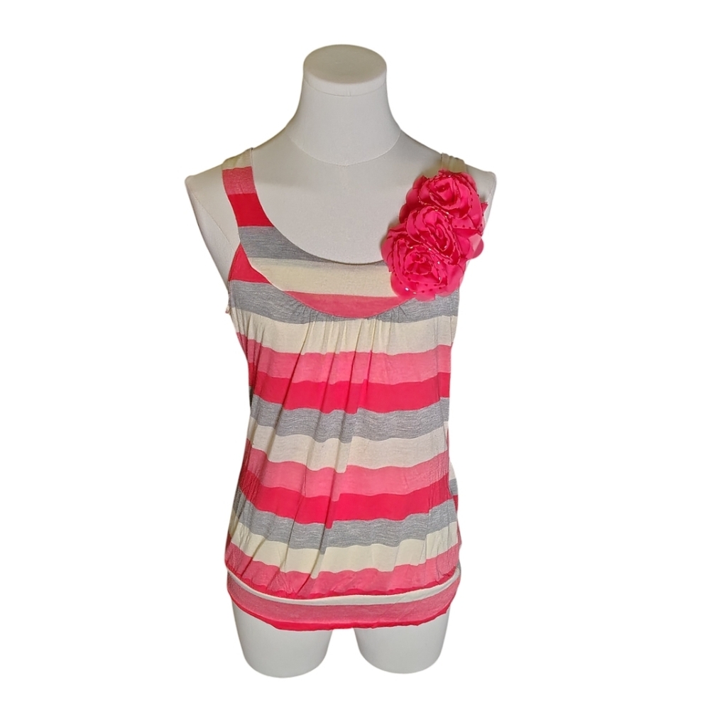 Vintage Y2K Finesse Pink Gray Striped Stretchy Tank Top Large Flower Size Medium